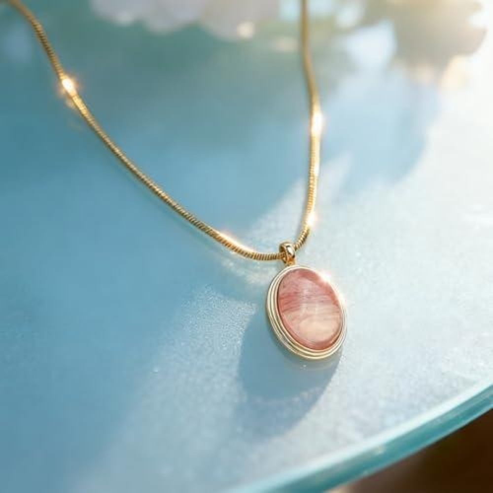 Gold Herringbone Snake Chain Necklace with Oval Pink Rose Quartz Pendant